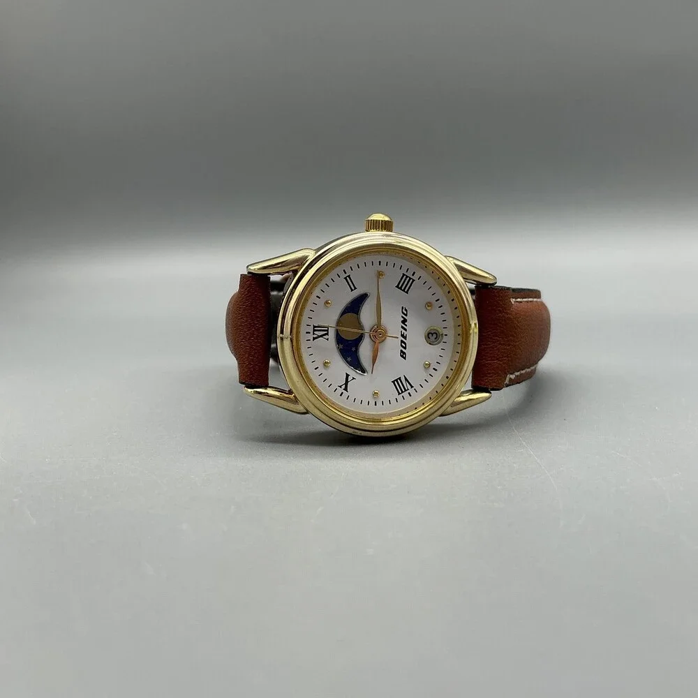 Boeing Womens Watch 25mm Day Night Moon Phase Gold Tone Leather Date New Battery